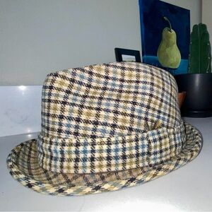 Vintage Snap-Back Crushable Wool Plaid Brown Blue Houndstooth Fedora Hat 7 1/8